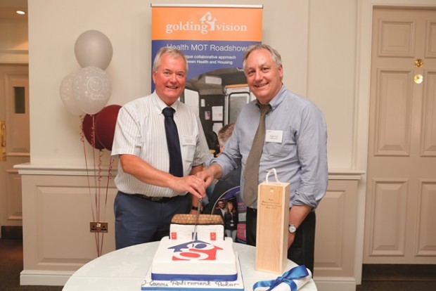 Photo of Golding Homes’ Chairman, Roger Ford paying tribute to Peter Stringer’s achievements.